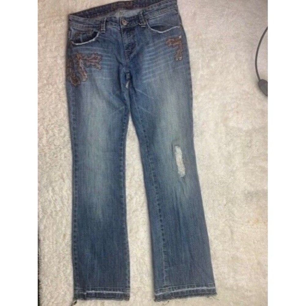American Eagle Size 6 Stretch Boot Cut Womens Jeans Low Rise Raw Hem Embroidery